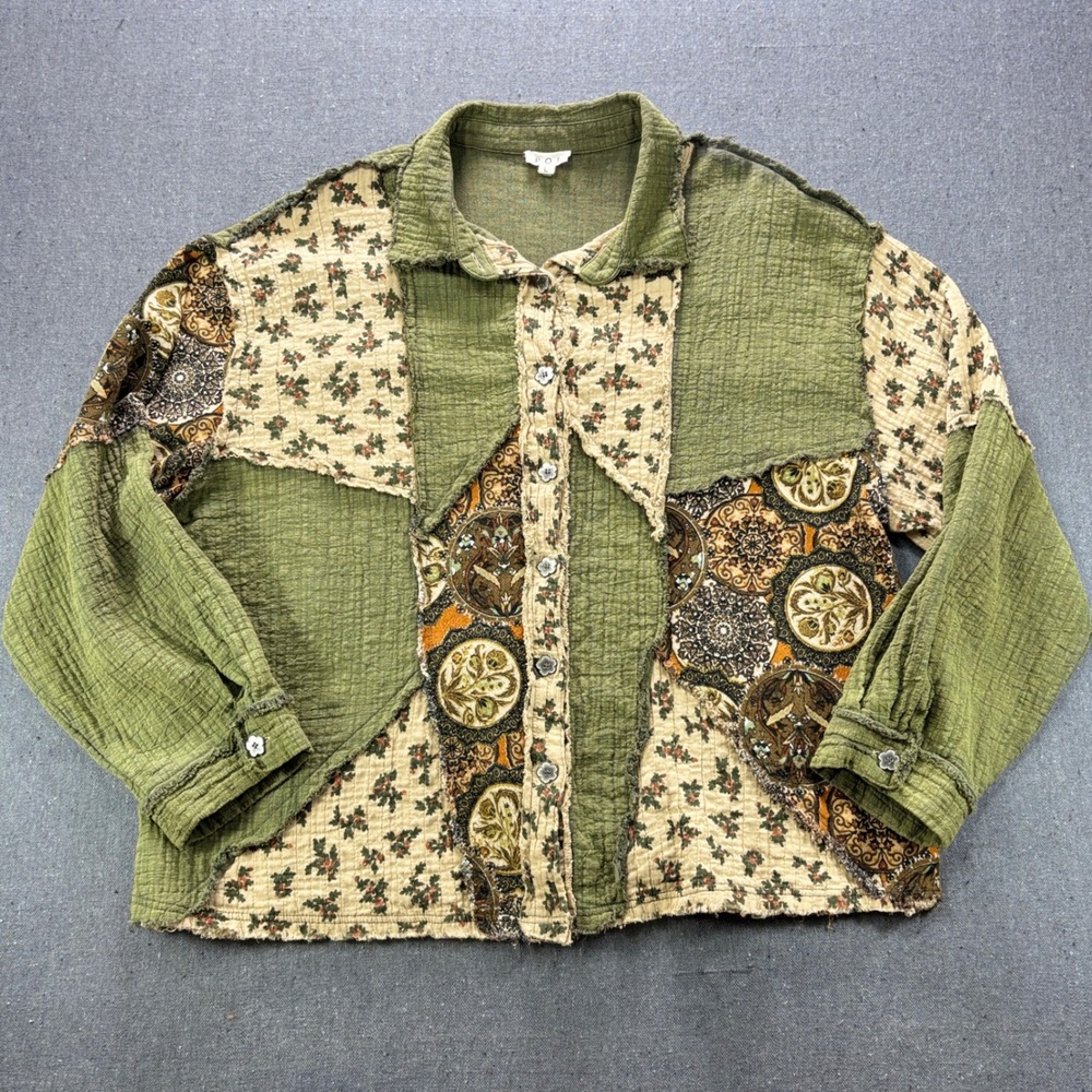 POL Clothing Boho Mixed Print Patchwork Gauze Button Down Shirt Green Large